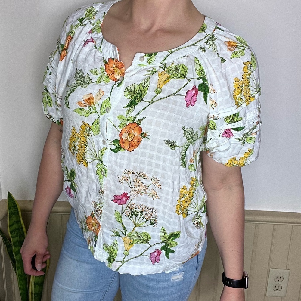 Jane Delancey Floral Puff Sleeve Peasant Blouse Size L Cottagecore Garden Top - Picture 4 of 11